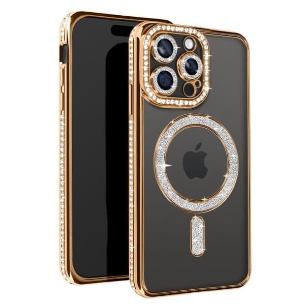 [RM]Diamond Case for iPhone 15 Pro Max - AVIZAR - Gold Rhinestone Outline - MagSafe Compatible Gul