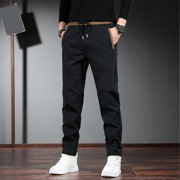 Herr Sommar Cargo Byxor Elastisk Dragsko Midja Enfärgad Långbyxor Sidofickor Raka Ben Black 4XL