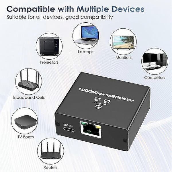 Gigabit Ethernet Switch 2 Port, 1000Mbps Netværkssplitter med Strømadapter Black