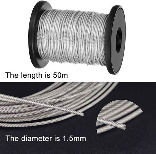 Bildeopphengstråd, trådrull i rustfritt stål, 1,5 mm*50 m bildeopphengstråd med 20 klemhylser