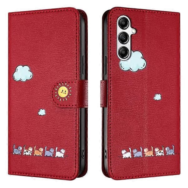 Till Samsung Galaxy S23 FE 5G Tecknade Katter Läderfodral Red