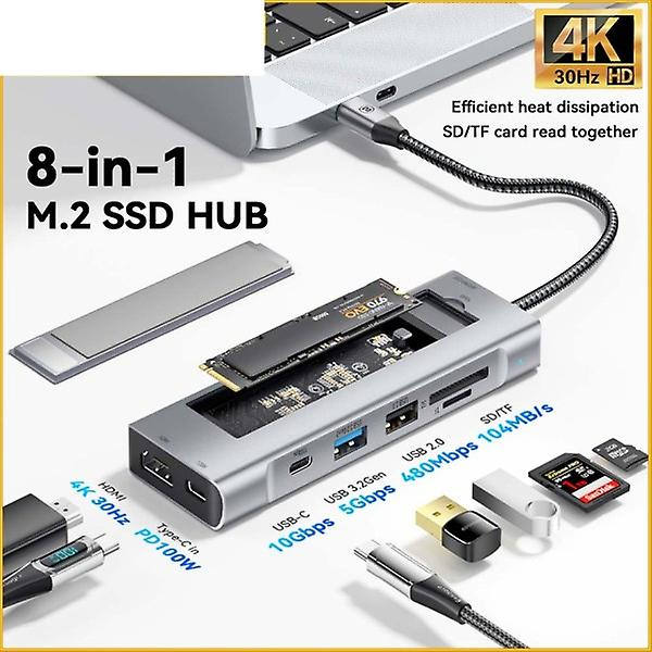 8-i-1 USB-hubb med diskminnesfunktion USB Type-c till HDMI-kompatibel laptopdockningsstation