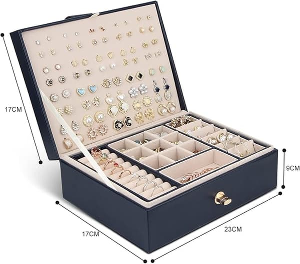 Jewelry Box Storage for Necklaces Earrings Bracelets Rings Large PU Leather with 3-Layer Stackable Jewelry Box Stand Blue Blue