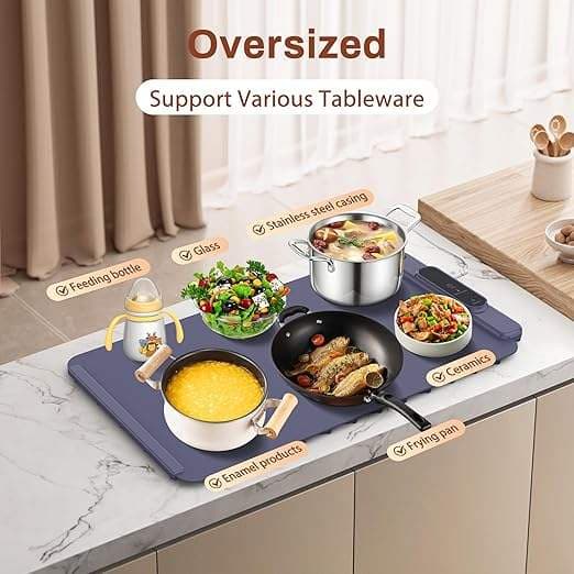 [RM]Portable Silicone Food Warming Mat, 61.5 x 40.4 cm, 4 Temperature Settings and 60-Minute Timer, Quickly Heats Ceramic/Glass Dishes (Dark Blue)