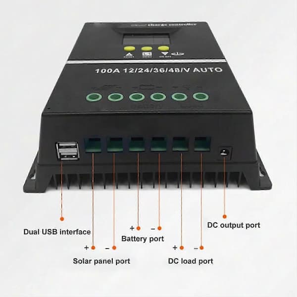 100A MPPT solcelleladeregulator med LCD-skjerm, doble USB-porter og automatisk spennings-ID for 12V til 48V batteri