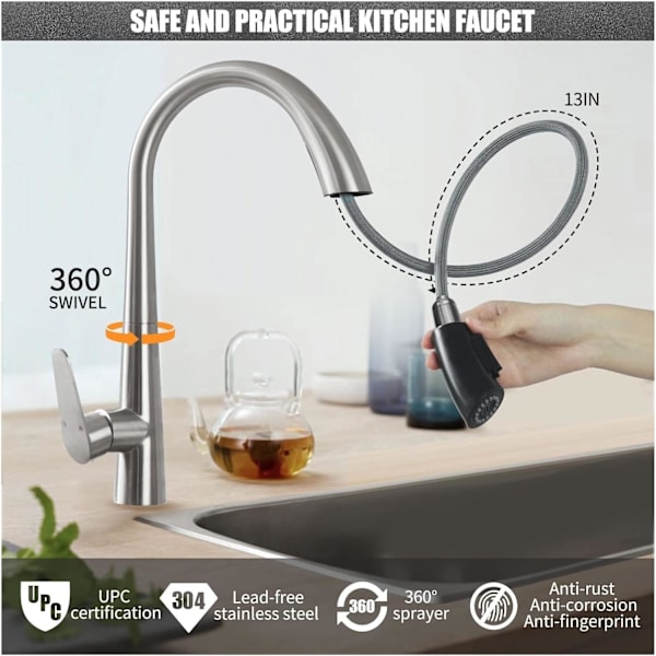 [RM] Kitchen Faucet with Pull-Out Spray, Single Lever Mixer, 360° Swivel, 2 Modes (Brushed)