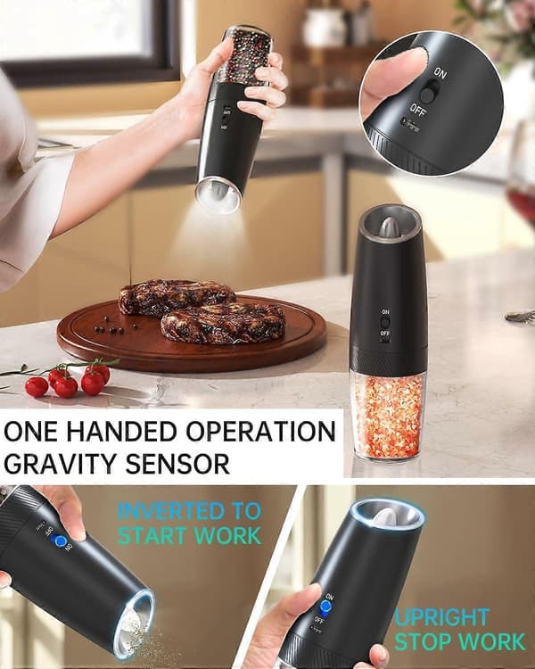 [RM]Electric Gravity Salt and Pepper Grinder Set USB Rechargeable Pepper Mill Adjustable Coarseness Black