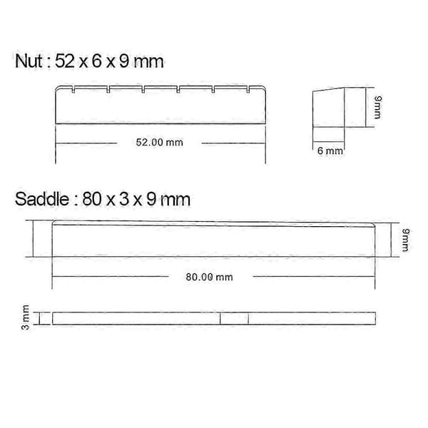 Replacement Bridge and Saddle Parts for Classical Guitar in Bone, 80mm - 52mm, for 6-String Acoustic Guitar