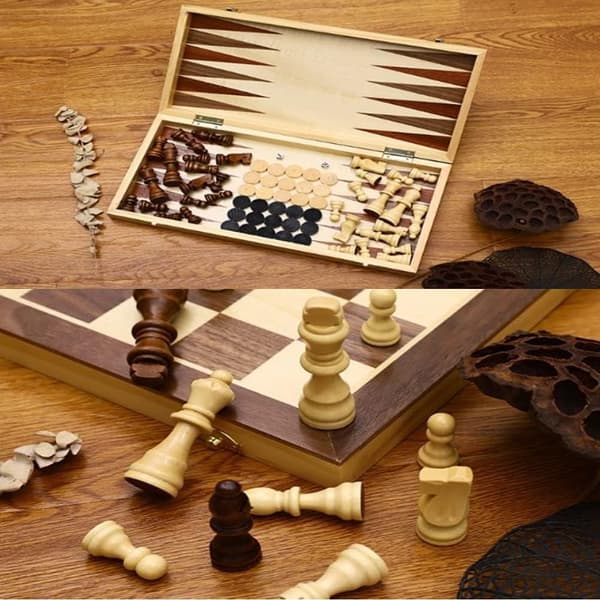 Träschackset, 3-i-1 schack, dam och backgammon, hopfällbart