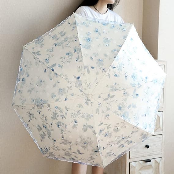 Solparasol til damer, parasol med broderet blonde, dobbeltlags, anti-UV-parasol, paraply til sol/regn/sne, foldbar