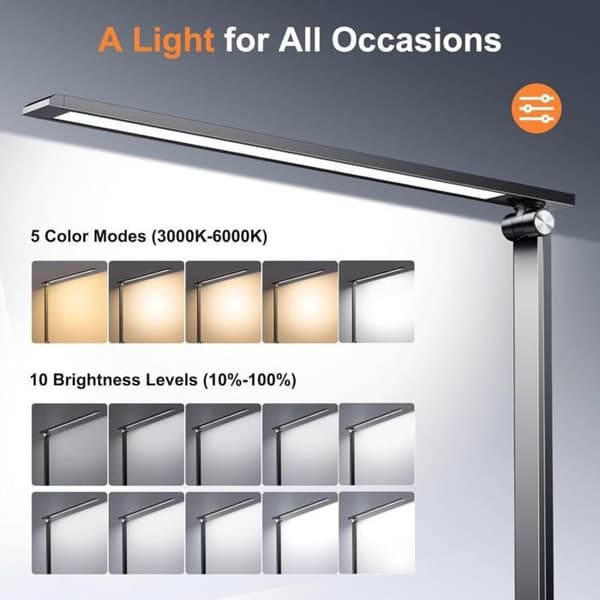 LED-bordlampe med 5 farver og 10 lysstyrkeniveauer, USB-C touchkontrol, øjenbeskyttelse, timer, sort sengelampe