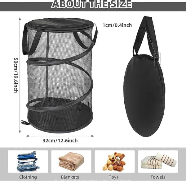 [RM]2-pack Foldable Laundry Baskets with Zipper Lid, Small Laundry Hamper for Clothes, Toys, Camping, Travel, Dorm Black Black