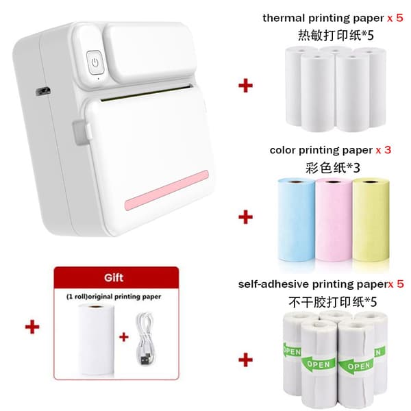 [RM] Bluetooth Thermal Printer Mini Inkless Label Printing with 14 Rolls of Printer Paper, Pink