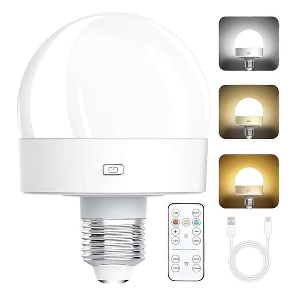 [RM]Rechargeable Battery Powered Light Bulbs, 300LM E26 Screw Bulb for Lamps with Remote Control Dimmable-FX-