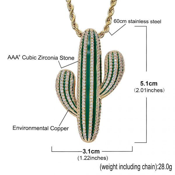 18K Guld Cubic Zirconia Berlocker Kaktus Hänge Halsband Hiphop Smycken Gyllene