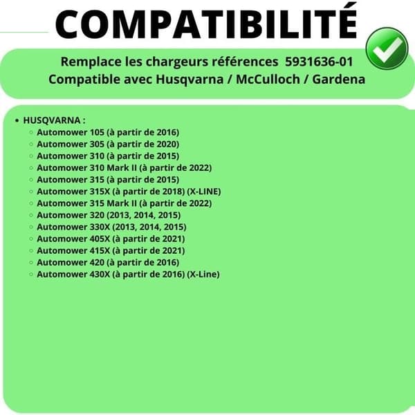 Batterioplader 28V - Husqvarna - Robotplæneklipper 105/310/315X - Universal - Elektrisk - Sort - Perfekt