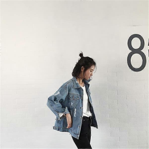 Oversize jeansjacka för kvinnor Ripped Jean Jacket Boyfriend Långärmad kappa STORLEK S