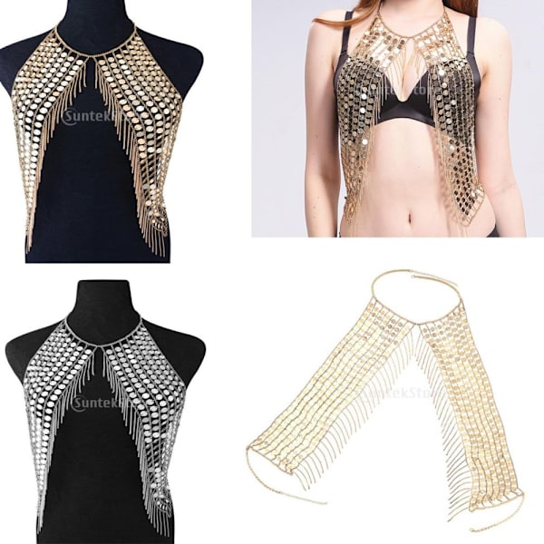 Mode Kroppskedja Paljetter Tofsar Halsband Bikini BH Silver Silverbälten
