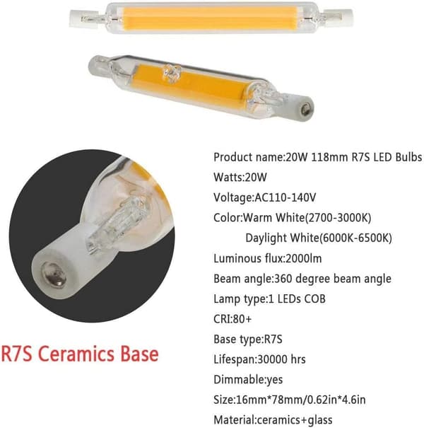 [RM]R7S LED 118mm Dimmable Bulb, 20W R7S LED Bulb, Replaces 200W Halogen Bulb, Warm White, 4-pack