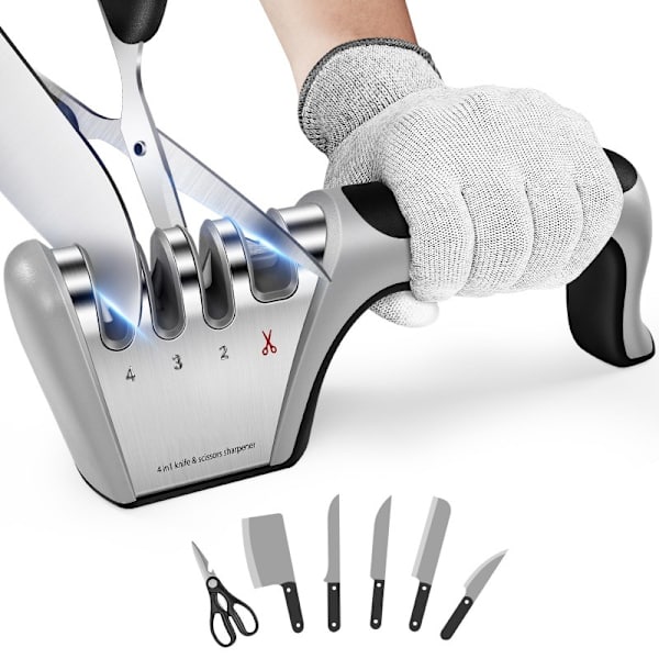 [RM] 4-in-1 Knife Sharpener - Professional with Scissor Sharpener - 4-Position Pull-Through Sharpener for Kitchen Knives