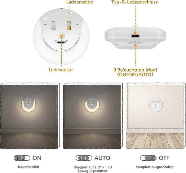 [RM]LED nattlys med bevegelsessensor - USB oppladbart - 3 moduser (På/Av/Auto) - Lampm [2 stk] Ny modell 5 5