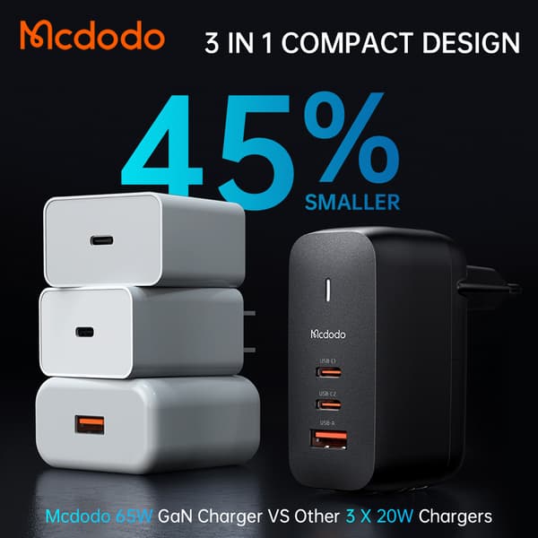 McDodo CH-0291 USBC+USB GaN -seinälaturi, PD, 65W, musta