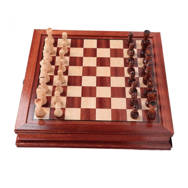 Set i massivt trä för barn och vuxna Klassiskt familjeschackbrädespel med förvaringslåda för schackbräde i trä Träschack