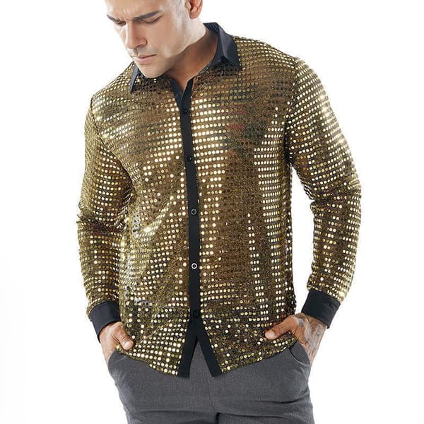 [RM]Men's Shiny Sequin Disco Dance Mesh Top - 60s 70s Party Shirt Silver Silver 2XL
