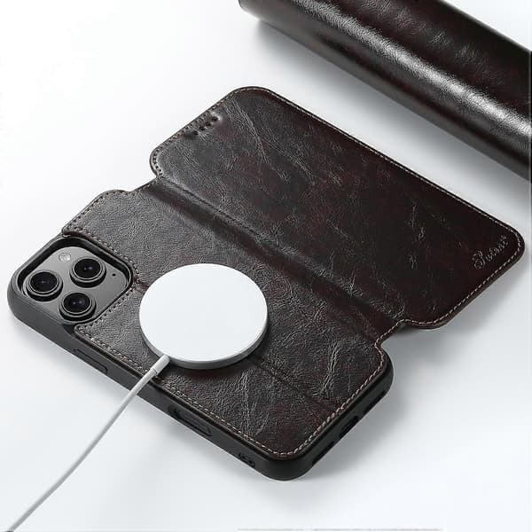 [RM]SUTENI J06 til iPhone 16 Pro Max etui kompatibelt med MagSafe tekstureret PU-læder flip-cover Multicolor Brown