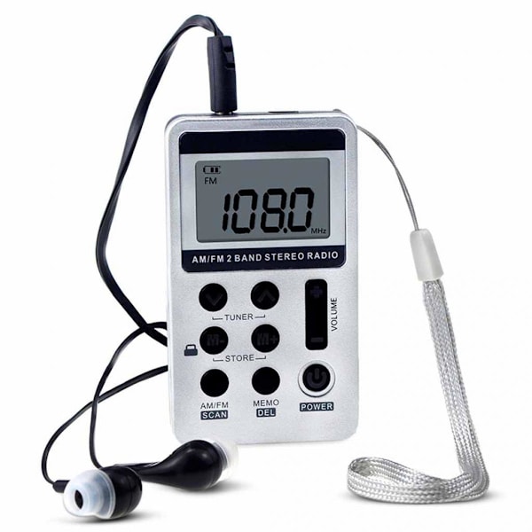 bärbar digitalradio AM/FM stereoradio med hörlurar för promenader grå