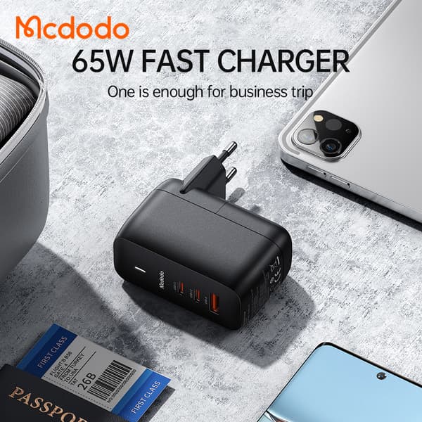 McDodo CH-0291 USBC+USB GaN -seinälaturi, PD, 65W, musta