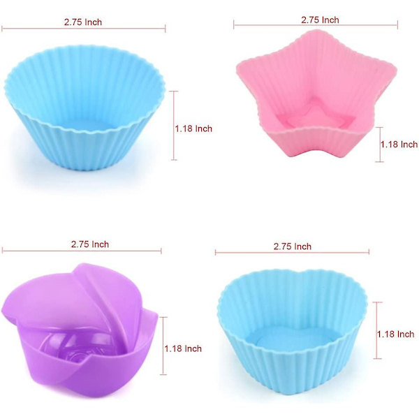 Silikon Muffinsformar Återanvändbara Bakformar Non-stick Lätt att Rengöra Bakverk Muffin Formar 4 Former Runda, Stjärnor, Hjärta, Blommor, 24 Delar Färgglada