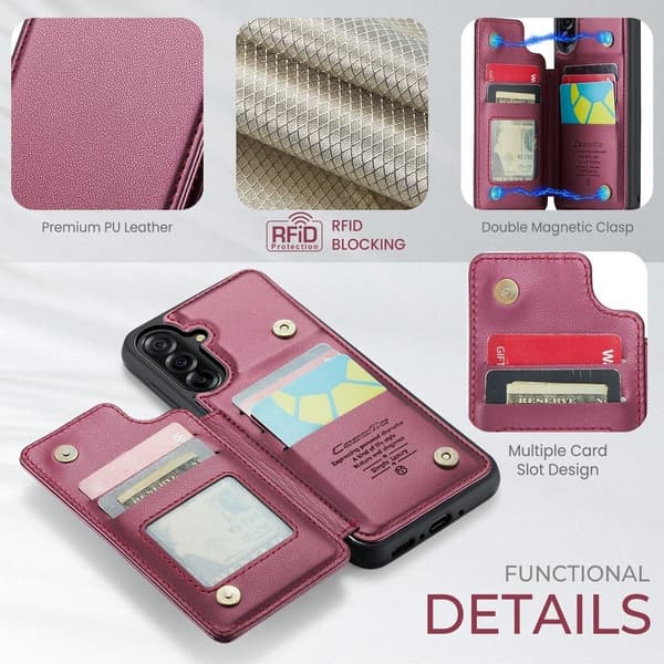 [RM](For Samsung A56 5G) PU Leather Wallet Case with RFID Protection and Stand Function, 5 Card Slots, Double Magnetic Closure röd