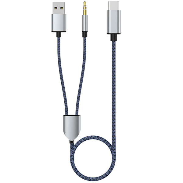 [RM]2-i-1 Type-C Bil Stereo Kabel 1 Split 2 Type C til USB A 3.5mm Aux Kabel Blå
