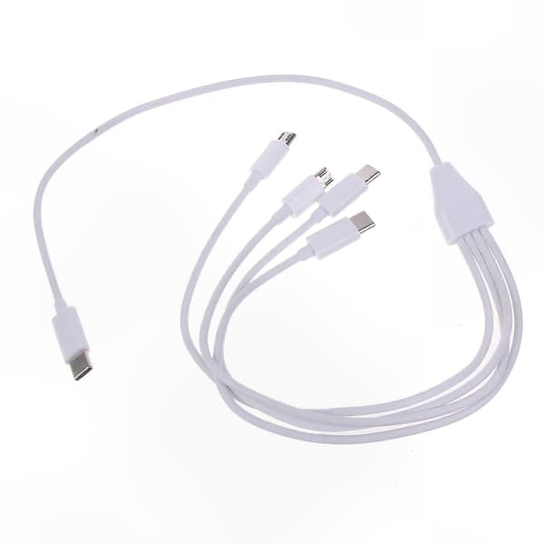 Hvit 4-i-1 USB C ladekabel med Micro USB-kontakt for telefon- og nettbrett-enheter White