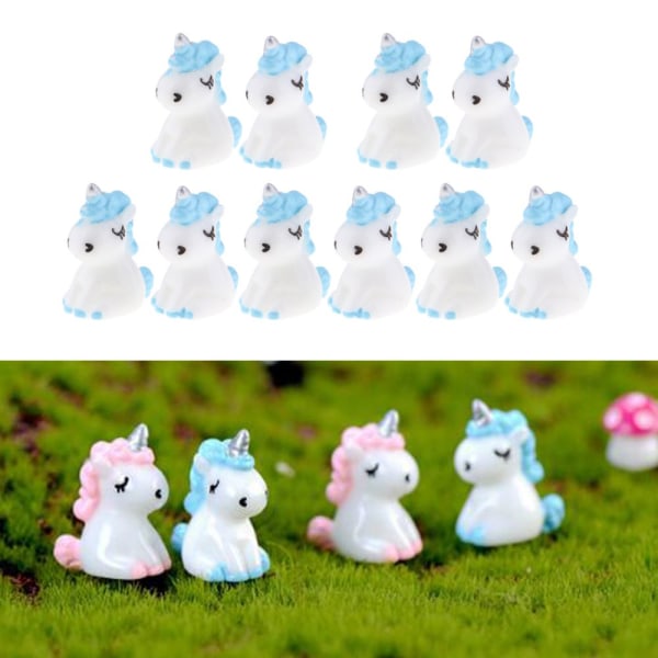 10 st Resin Mini Söt Enhörning Statyer Miniatyr Fairy Garden Ornament Blå