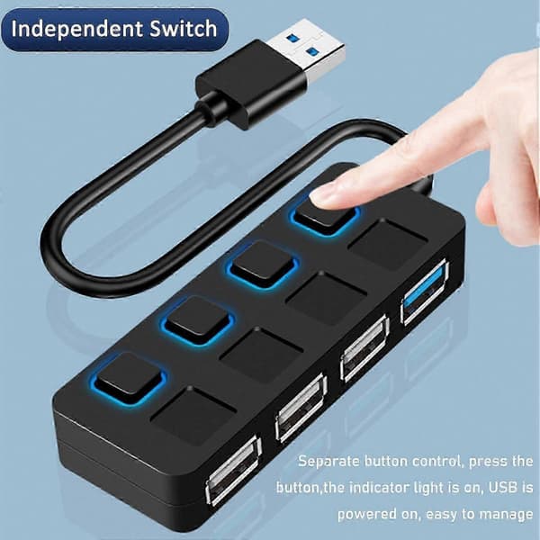 USB 3.0 Hub med 4 porte, individuelle strømafbrydere og LED-indikatorer til PC, Mac, bærbar computer Black