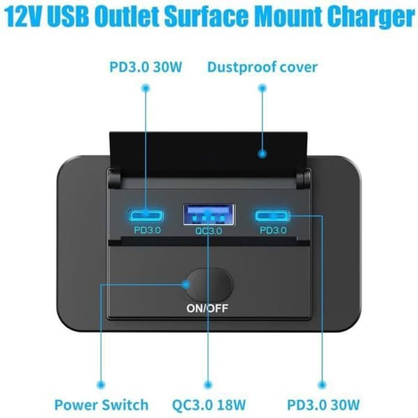 12V USB-biluttak - ULISEM - To USB-C-porter - 30W PD 3.0 - 18W QC 3.0 - Overflatemontering