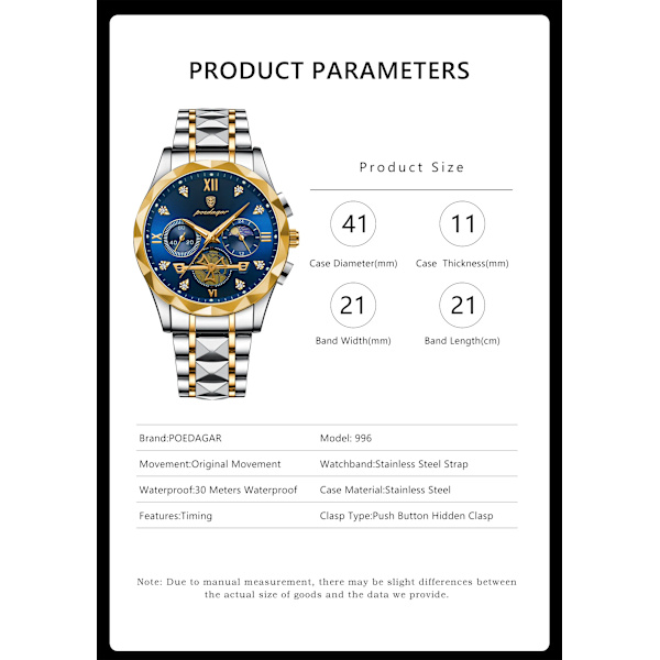 Vattentät Luminous Chronograph-klocka för män i rostfritt stål, herrkvartsklocka color 3