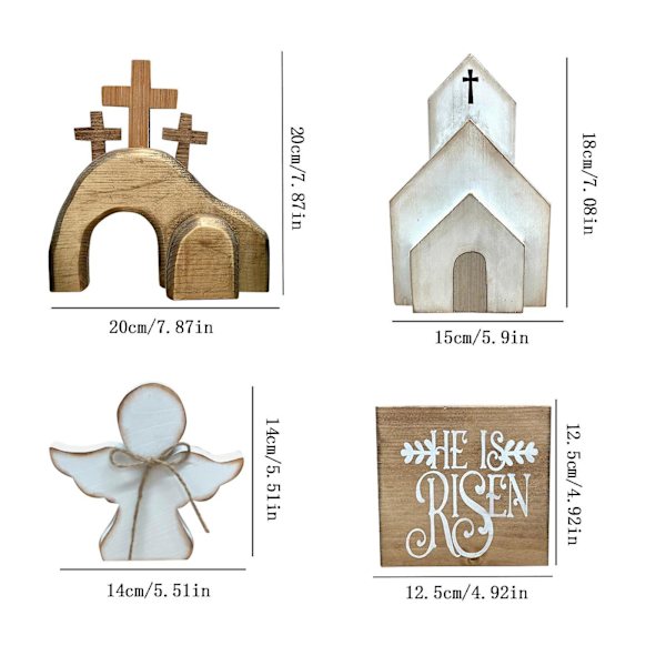 Påskbrickset med Jesu grav, trädekoration för trappbricka med påsk-Jesus-logotyp, påskdekoration för trappbricka med engelsk text \"He is Risen\" White