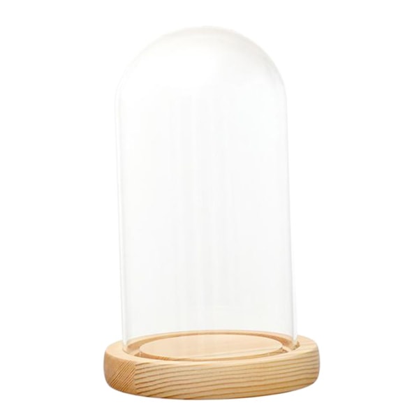 Klar Glasdisplaykupol med LED-bas Mikrolandskap Träställ D 10x18cm