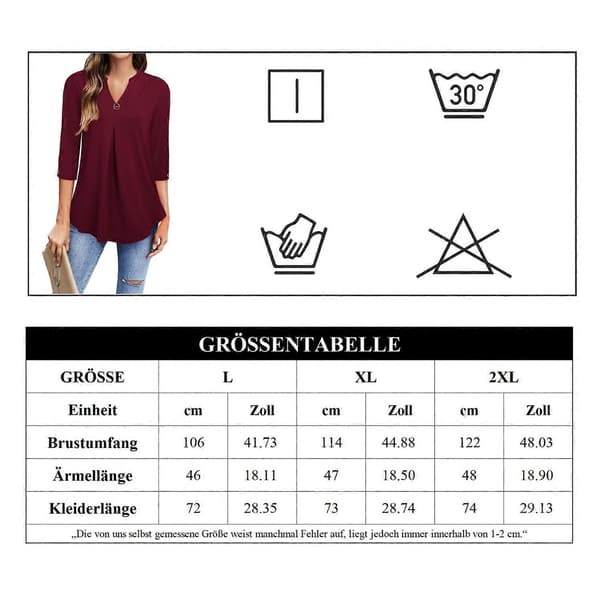 Damebluse 3/4 ærmer elegant V-hals tunika skjorte top