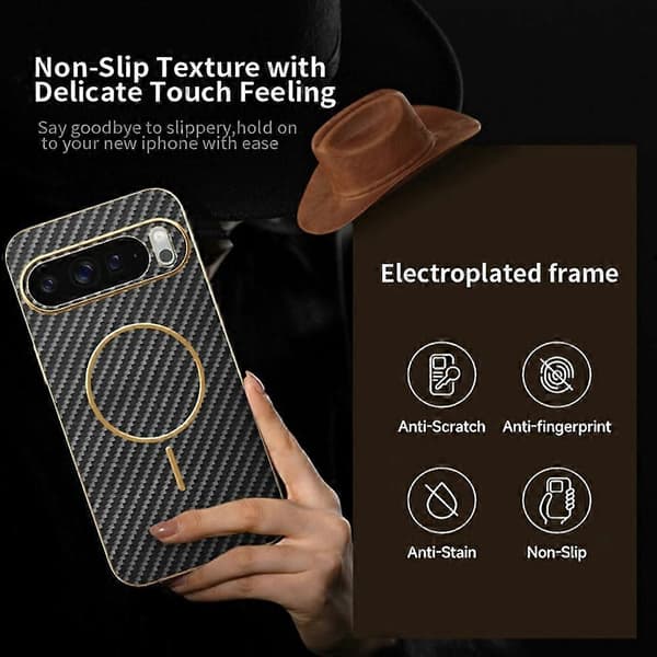 [RM] Kompatibelt etui til Google Pixel 10 Pro med kulfiber-tekstur og galvaniseret TPU-bagside Musta