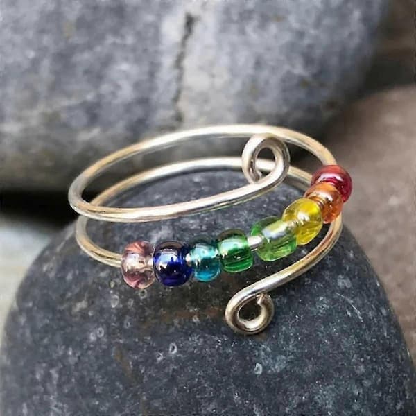 Drive Your Anxiety Regnbueperler Fidget Ring, justerbar Angstring For Datter, ring med perler S size