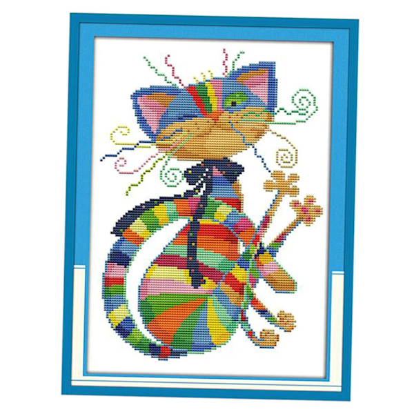Flerfärgat katt korsstygn katt broderimönster för nybörjare 14ct 25x33cm