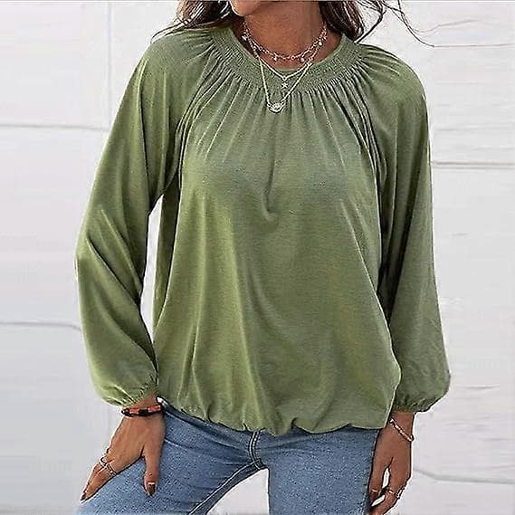 Dame Crew Neck Tunika T-skjorte Bluse Langermet Uformell Løs Plissert Basic Topper XL