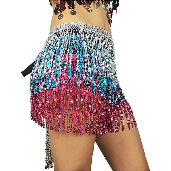 Magdans Höftscarf Dam Performance Outfit Kjol Festival Kläder$dans Höftscarf Tofs Kjol, Boho Paljettkjol Omlott Rave Kostym För Kvinnor$ Silver Blue Pink