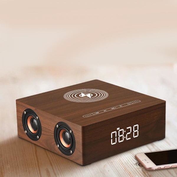 Multifunktionell Bluetooth-högtalare Retro Väckarklocka Trådlös Laddare Brun