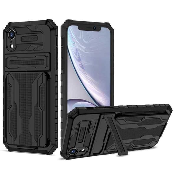 [RM]iPhone XR Stødsikkert Cover Kickstand & Kortlomme ThinArmor V3 Svart black
