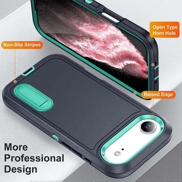 Fodral med stativ för iPhone 17 Air – 3-i-1-design i PC, silikon och EVA Dark Blue Light Cyan